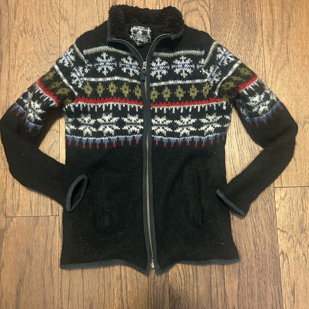 Lost Horizons Black Fair Isle Zip-Up Wool Sweater